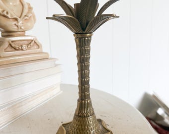 Vintage solid brass taper candle holder palm tree, Hollywood Regency candlestick, MCM Coastal bookcase decor, gold palm tree
