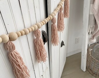 Wood Bead Garland, Pink Baby Shower Hanging, Tassel Wall Hanging, Boho Wall Hanging, Blush Pink Decor, Pink Nursery Decor