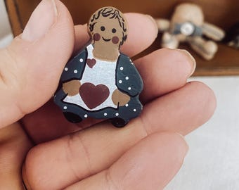 Vintage wood little girl miniature trinket, hand painted country 80s bead, shelf accent curio shadow box display, mini wood doll bead