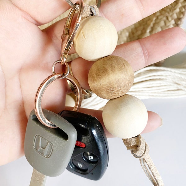 Leather and Wood Keychain, Wood Key Ring, Keychains for women, RV Camper Keychain, Beach Keychain, Beaded Keychain, Wood Key Ring