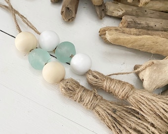Coastal Farmhouse Home Decor, Sea Glass Beads, Beach Decor, Glass Decor, Large Boho Beach Decor Tassel, Basket Hanging, Vase Decor