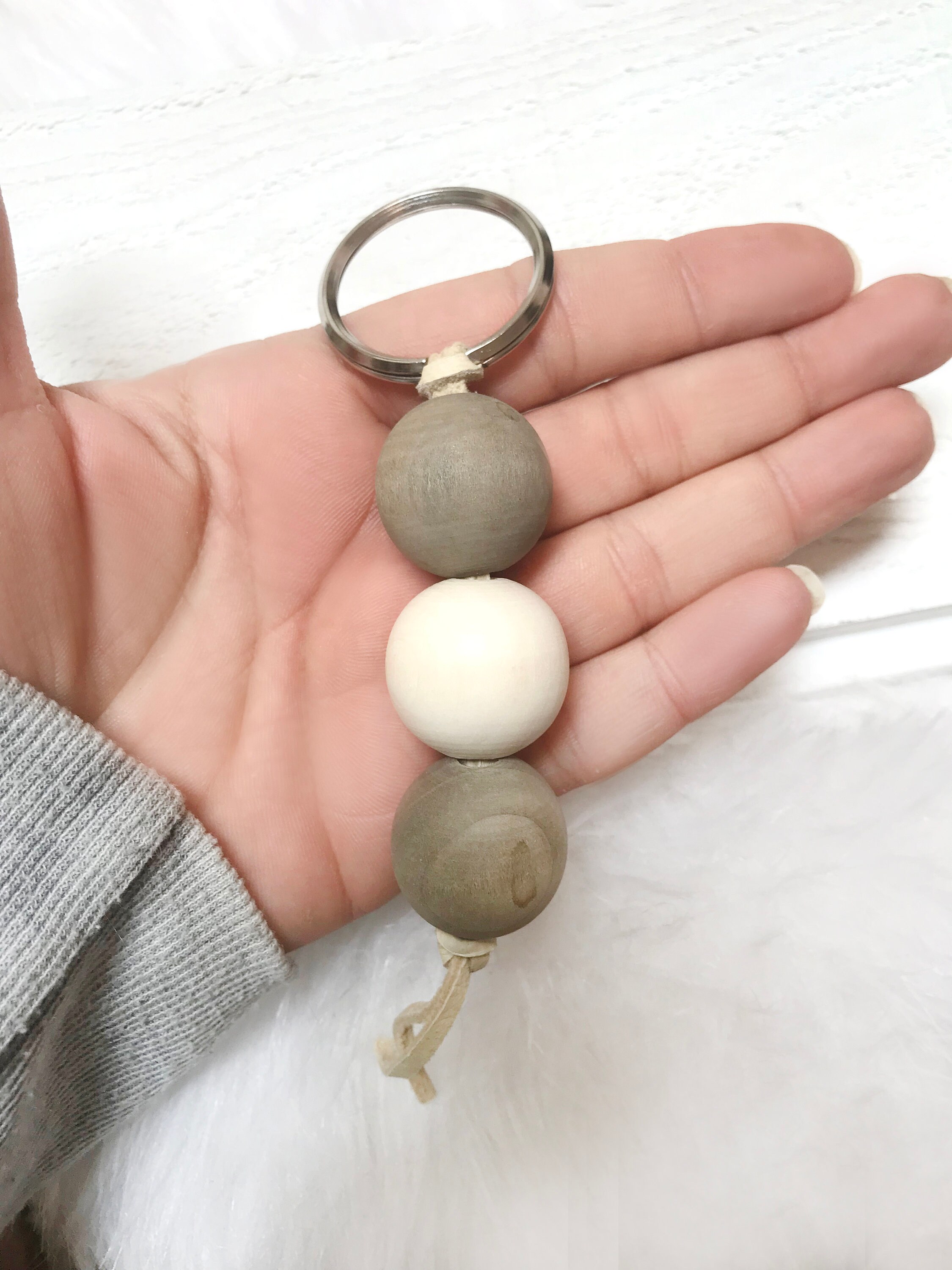 Wood Bead Key Ring Gray Wood Bead Boho Keychains Beaded Etsy