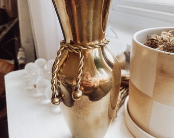 Vintage Brass vase with Rope Tassel, Brass Flower Holder, Indoor Antique Home Decor, antique solid brass vase, Mid Century Modern Home Decor