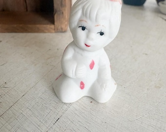 Vintage porcelain girl Trinket, miniature baby girl, itsy bitsy shelf accent, tiny mini vintage gir for shadow box or curio cabinet