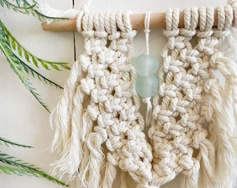 Macrame Wall hanging, Sea Glass, Boho Wall hanging Home Decor, Glass Beads, Wall Art, Beach House Decor, Coastal Nautical Home Decor