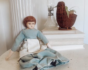Vintage Handmade porcelain cloth doll, sweet doll with blue dress and apron, Antique homesteading doll, primitive home decor for shelf