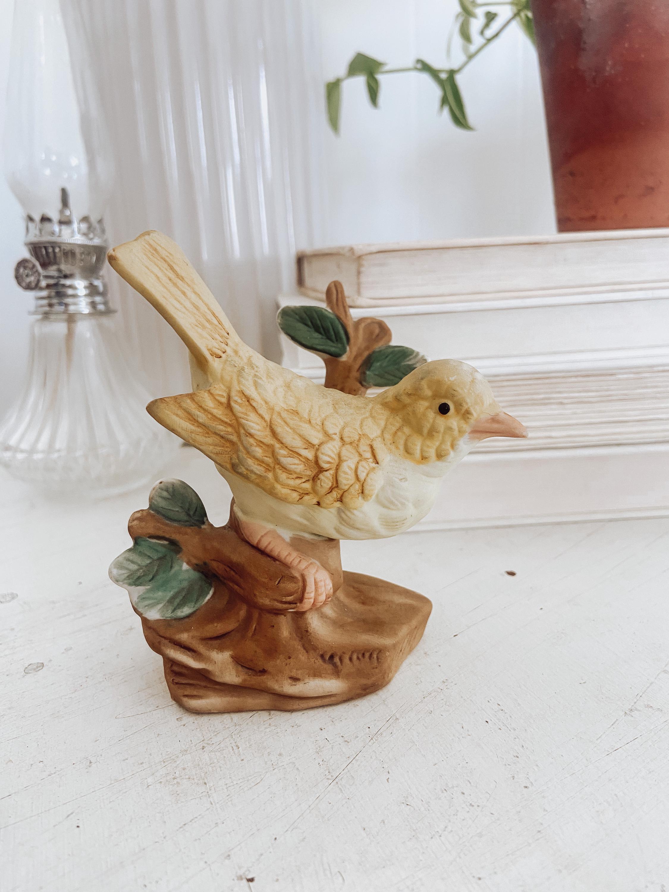 Vintage Canary Bird Yellow on a Branch figurine sculpture, Hand painted vintage porcelain, Antique Home Decor, Vintage Bird, ceramic birds