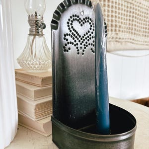 Antique tin punch heart wall sconce, pierced tin punched tin metal wall hanging candle holder, primitive holder, taper candlestick metal