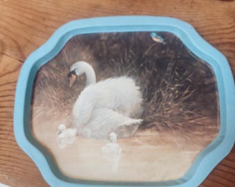 Vintage tranquility swan motif tin tray, metal small shelf decor tray, Primitive Home Decor, Collectible antique, swan and bird picture