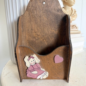 Farmhouse wood storage wall hanging box pocket, wall box out bunny, Primitive Home Decor, flat back Vintage rustic wood box, wall decor