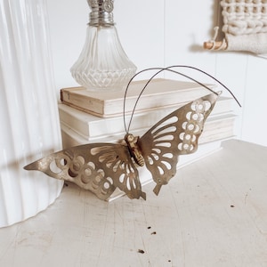 Vintage metal monarch, Brass gold wall hanging butterfly, Mid Century modern figure for sitting or wall decor art, antique home decor,