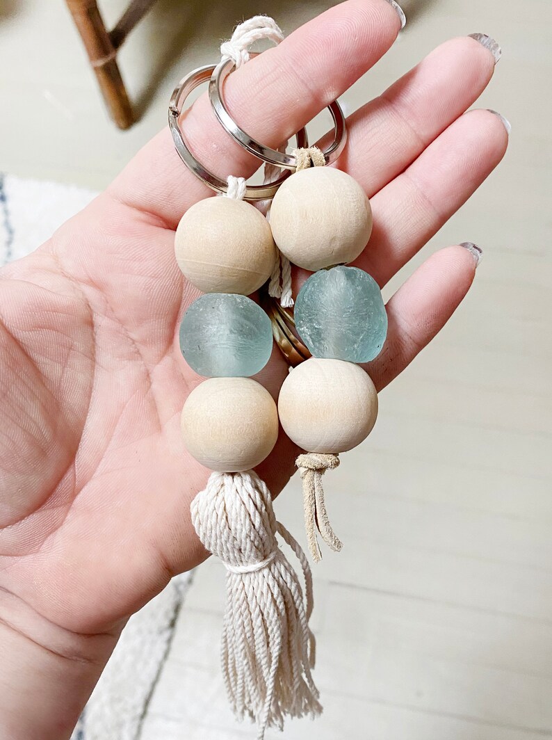 Sea Glass Bead Keychain Tassel Keychains Key Fob Wood Bead Etsy
