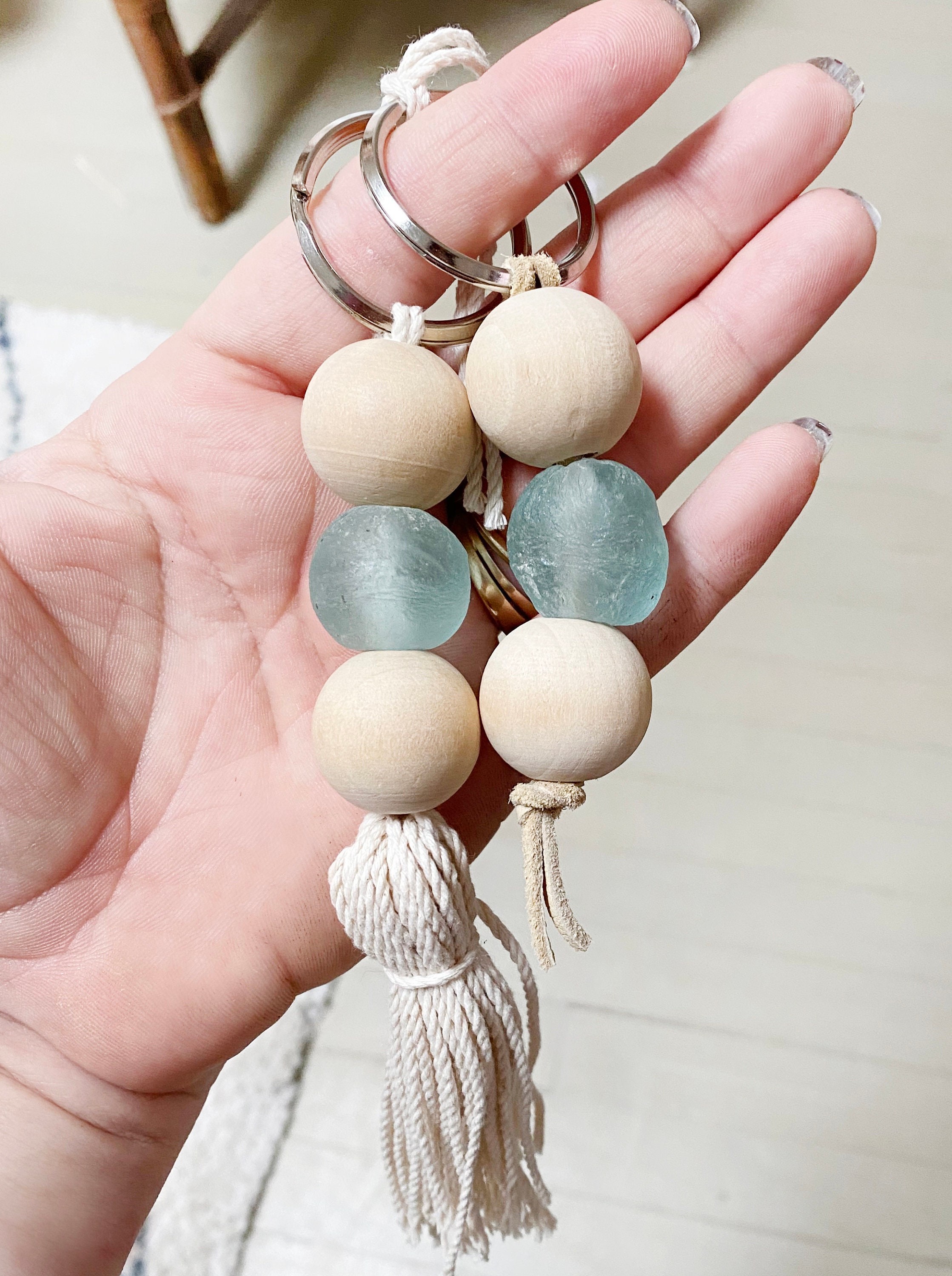 Sea Glass Bead Keychain Tassel Keychains Key Fob Wood Bead Etsy