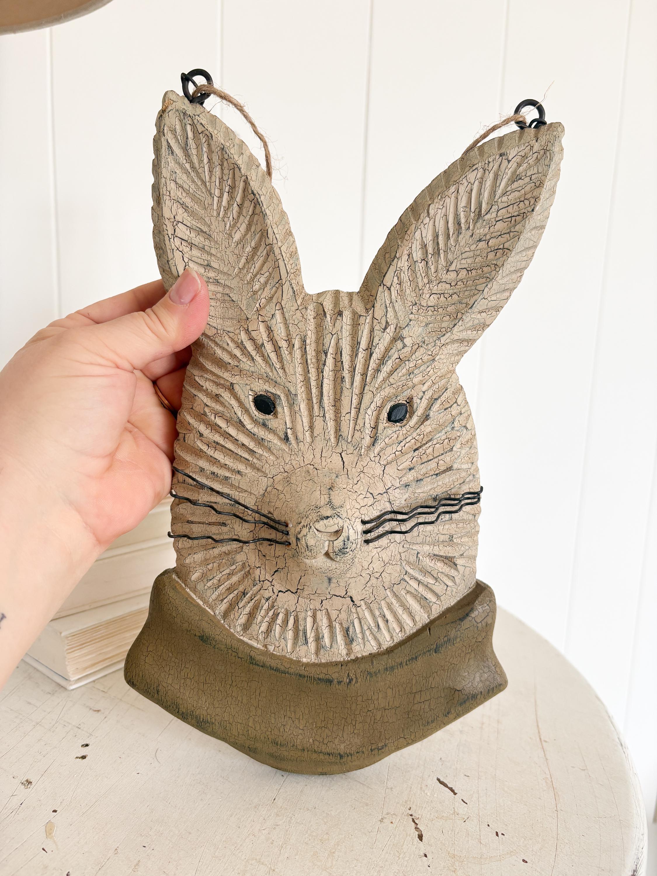Vintage Wooden Bunny Rabbit Sculpture, Double Sided Carved Wood Bunny ...