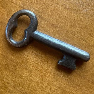 May include: A dark gray metal skeleton key featuring a rounded bow and a simple, solid shaft that terminates in a single, rectangular bit. The surface of the key shows a weathered, matte texture with subtle variations in tone across the metal.