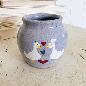 Vintage stoneware Mother Goose, Vintage 80s blue kitchen decor, Cottage Core Kitchen pottery vase, blue bow goose duck storage jar, handmade