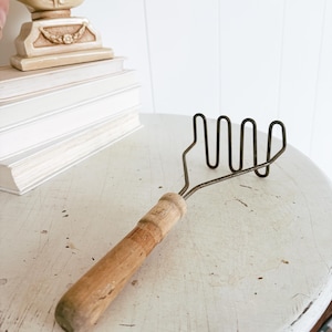 Potato masher with prim wood handle, Vintage utensil, Farmhouse Cottage Kitchen Home Decor, Country Kitchen accent, Primitive Masher