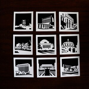Puede incluir: Nueve im&aacute;genes en silueta en blanco y negro de edificios, cada una enmarcada en un cuadrado blanco. Los edificios son todos de diferentes estilos y tama&ntilde;os, y todos est&aacute;n sobre un fondo oscuro.