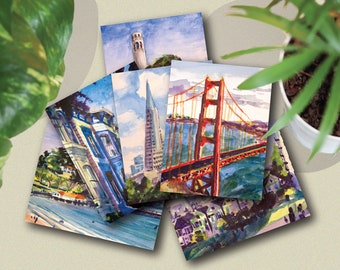 Watercolor San Francisco Postcard Set / Bay Area Travel Landmarks Unique City Golden Gate Bridge Painting Art Postcard Pack