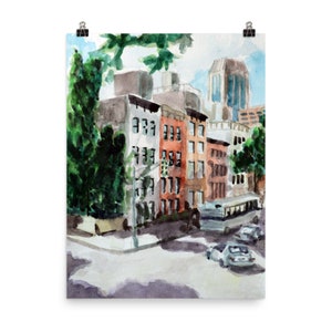 NYC Rowhouses Eastside Poster Print and Original Watercolor / New York City NYC / Dorm Office Room Decor