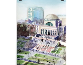 Columbia University Low Library Lawns Poster Print and Original Watercolor / New York City NYC / Dorm Office Room Decor