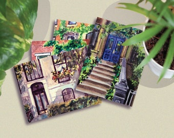 City Townhouses Postcard Set / Plants Watercolor New York City Travel Landmarks Architecture Brownstone Townhouse Aesthetic Postcard Pack