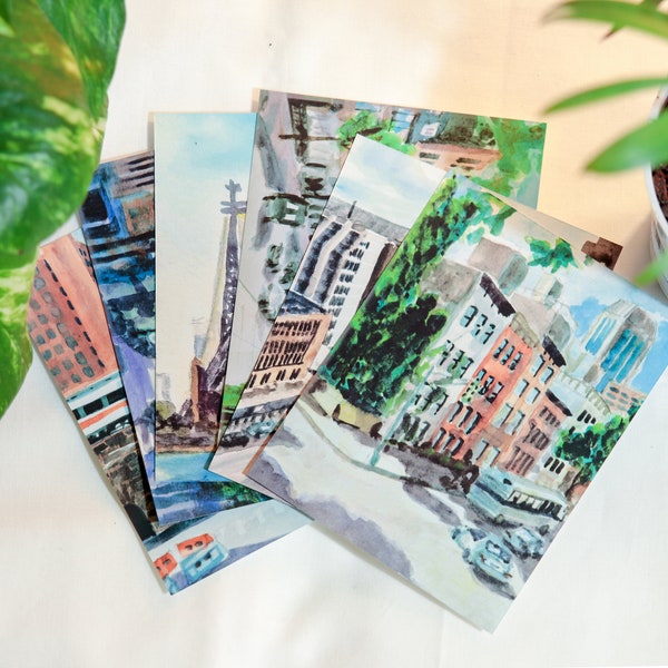 Watercolor Views of NYC Postcard Set VERSION 2 / New York City Travel Landmarks Postcard Pack