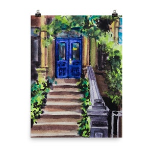 NYC Brownstone Harlem Poster Print en originele aquarel / New York City NYC / Dorm Office Room Decor