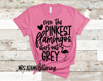 May include: Pink t-shirt with black text that reads "even the pinkest flamingos start out grey" with a black heart and a black flamingo graphic. The text "MRS ADAMS lettering" is at the bottom of the shirt.