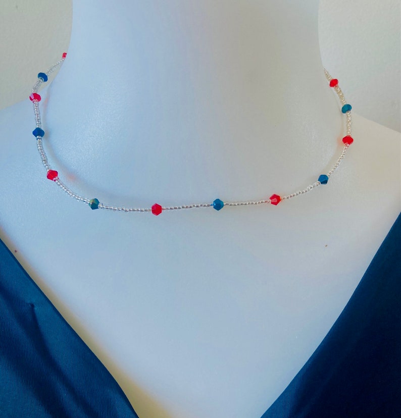Silver Red and Blue Beaded Necklace, Three Tone Beaded Handmade
