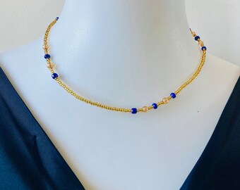 Beaded Blue and Gold color Handmade Necklace