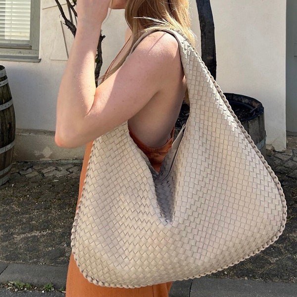 Grand sac tissé,Sac à bandoulière avec noeuds tissés,Geflochtene Tasche,Sac pour boulettes beige,Sac tressé en cuir,Sac tressé d'été de luxe,Sac hobo élégant