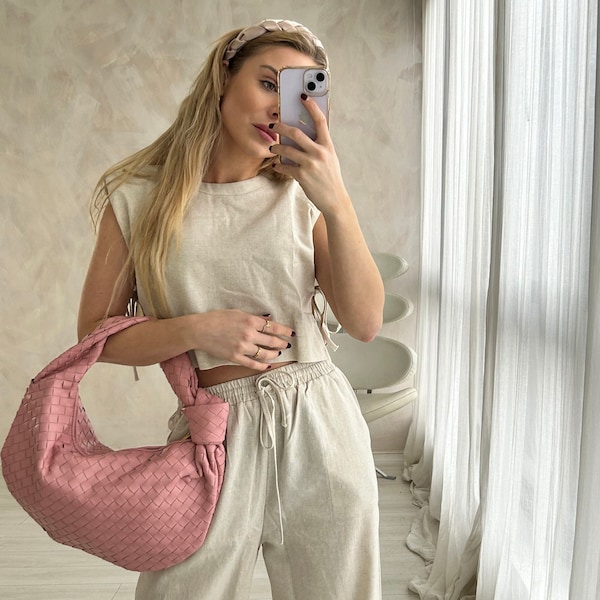 Designer Inspired Shoulder Tote Bag - Gifts for Mom - Large Woven Shoulder Bag- Hobo Tote for Women - Perfect Summer Bag- Cute Pink Clutch