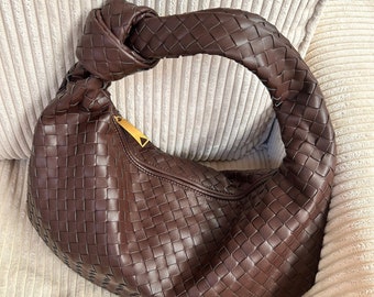 Bolso de bola de masa para mujer, bolso con nudo tejido, bolso de hombro holgado en marrón, bolso hobo para bolso de verano con cremallera, bolso para mujer, regalo de cumpleaños