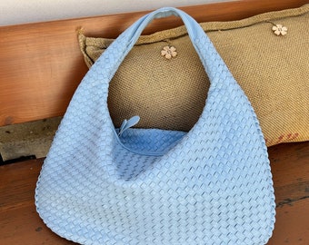 Trendy Dumpling Bag-Chic Woven Knot Purse-Woven Knot Hobo Bag-Large Geometric Shoulder Bag-Boho Sky Blue Woven Satchel-Stylish Tote Handbag