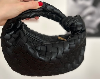 Pochette noire de luxe avec fermeture à glissière pour femme, sac avec noeud tissé à la main en cuir végétalien noir, pochette pour femme, sac à main de fête, sac à main tissé, cadeau pour maman