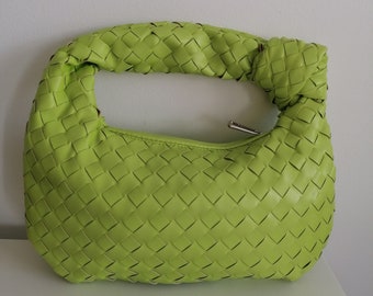 Vegan Leather Woven Style Shoulder Bag Women Small Designer Bag Knot Dumpling Shoulder Bag Interwoven Purse Clutch Lime Green Minimalist