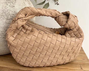 Designer Inspired Beige Knot Bag - Woven Clutch Bag Women- Chic Leather Pochette Bag - Sardine Clutch Bag - Beige Dumpling Bag Top Handle