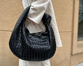 Gift for Girlfriend Woven Bag with Knot Vegan Leather Purse Women Everyday Braid Bag Trendy Oversized Black Clutch Versatile Large Hobo Bag