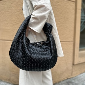 Gift for Girlfriend Woven Bag with Knot Vegan Leather Purse Women Everyday Braid Bag Trendy Oversized Black Clutch Versatile Large Hobo Bag