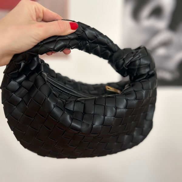 Luxury Black Zipper Pouch for Women Handwoven Knot Bag in Black Vegan Leather Clutch for Women Party Purse Woven Design Handbag Gift for Mom