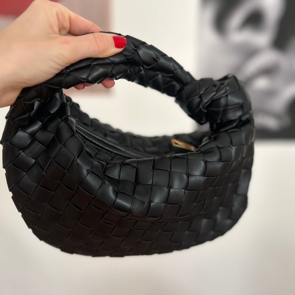 Pochette noire de luxe avec fermeture à glissière pour femme, sac avec noeud tissé à la main en cuir végétalien noir, pochette pour femme, sac à main de fête, sac à main tissé, cadeau pour maman