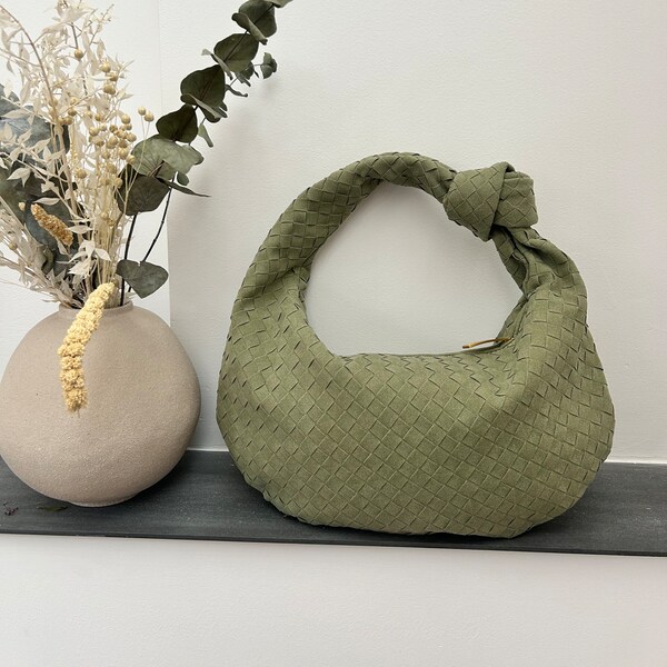 Sac à boulettes pour femme Sac à nœuds tissé en daim Sac à bandoulière souple avec fermeture à glissière Vert Cabas tendance Hobo Pochette d'été Cadeau d'anniversaire parfait pour maman