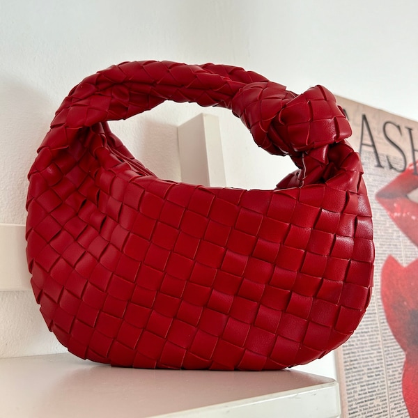 Vegane Leder-Geldbörse für Damen, verwobene Clutch in roter Handtasche mit Knoten-Griff oben, stilvolle Handtasche für Sie, luxuriöse Sommertasche, Geschenk für Mama