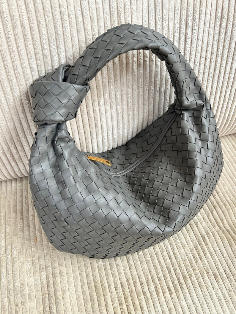 Bottega Veneta Jodie Mini Pouch Crossbody Jodie Bag Grey Designer Dupe Bag,Woven Knot Tote Bag for Women,Grey Shoulder Knot Bag,Interwoven Vegan Leather Clutch,Gift for Her,Woven Knot Dumpling Bag