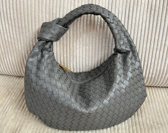 Sac fourre-tout de créateur, sac fourre-tout tissé avec noeud pour femme, sac à bandoulière gris avec noeud, pochette en cuir végétalien entrelacé, cadeau pour elle, sac pour boulettes avec noeud tissé