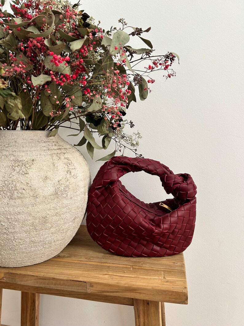 Designer Dupe Bag Woven Style Knot Clutch Bag for Women Small Dumpling Bag Women Designer Inspired Knot Bag Women Small Purse Gift for Her Bottega Veneta Designer Bag Jodie Mini Pouch Burgundy Colour Gold Hardware Small Size Vegan Leather