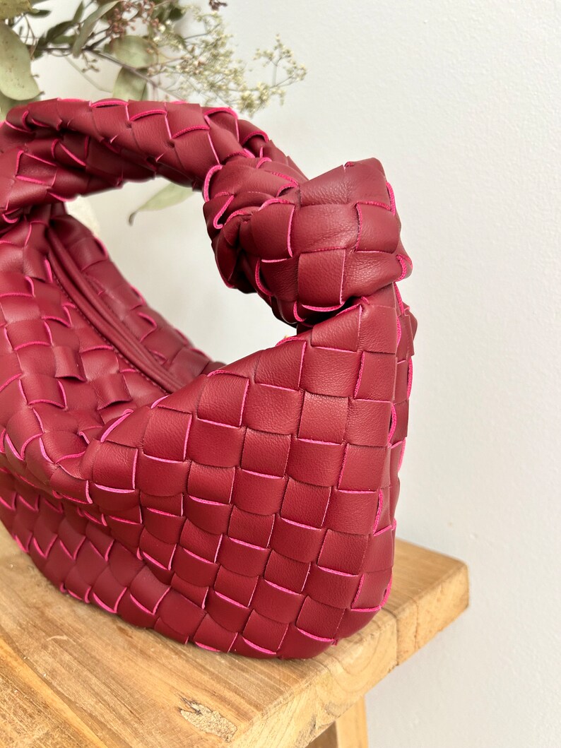 woven knot bag, burgundy jodie bag, bottega veneta woven style bag, small jodie bag