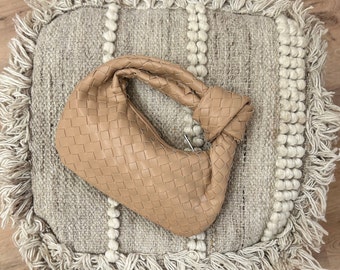 Minimalist Style Vegan Leather Clutch - Woven Knot Everyday Bag - Luxury Designer Inspired Bag - Perfect Gift for Her - Beige Dumpling Bag