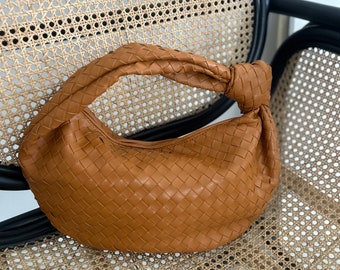 Woven Shoulder Knot Bag -Stylish Leather Clutch for Women in Tan Colour- Perfect Birthday Gift for Her - Trendy Dumpling Bag - Hobo Tote Bag